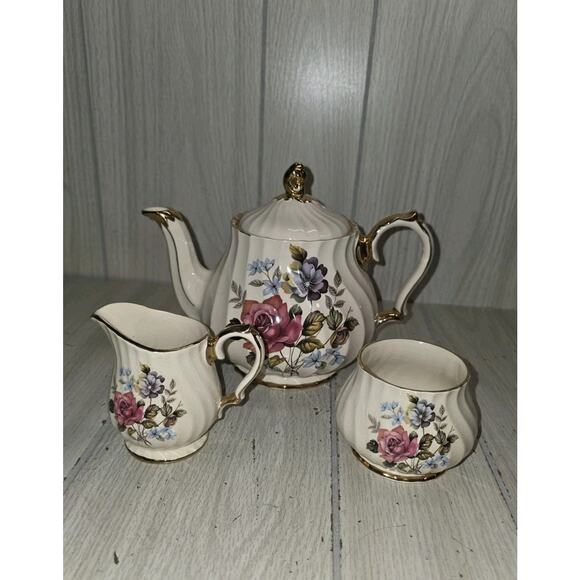 Vtg Sadler England Swirl Teapot Blue Pink Roses Floral Gold Trim Set Of 3